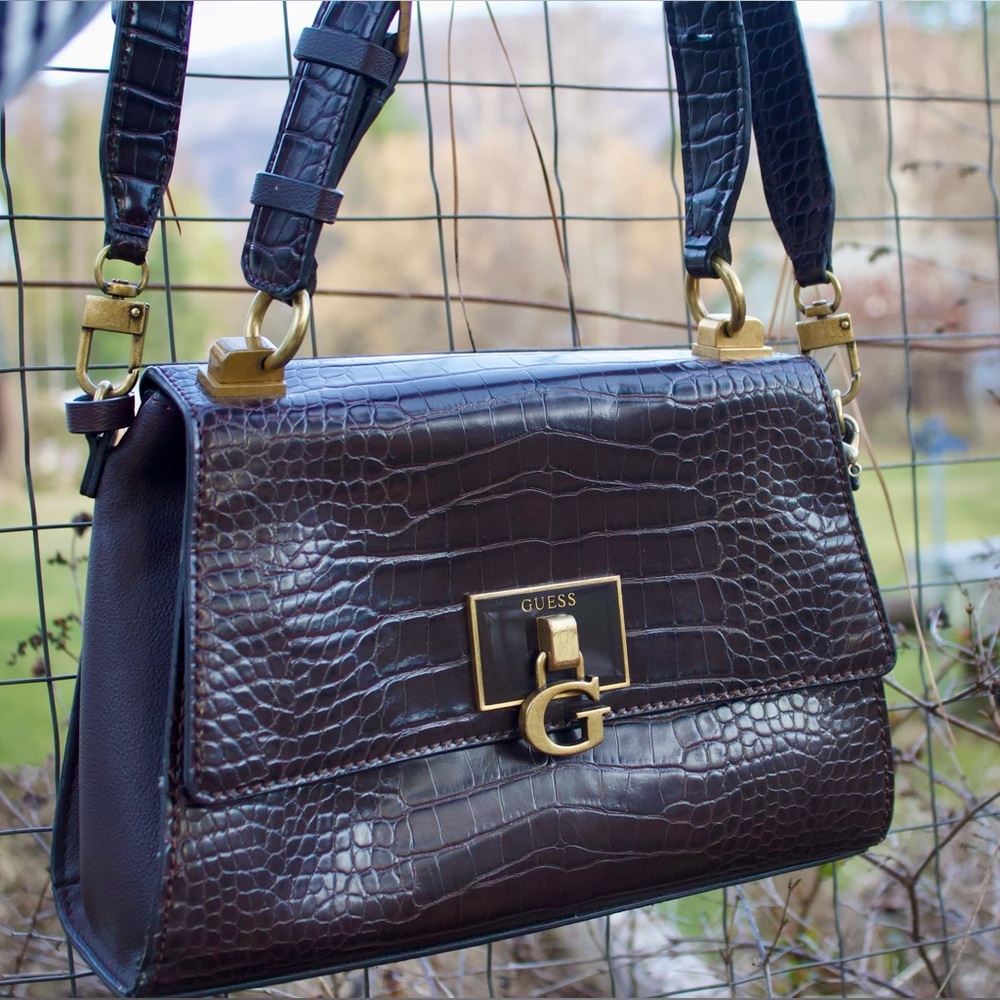 Guess Brown/Black Croc-Embossed Crossbody Bag with Gold Hardware - Picture 4 of 11